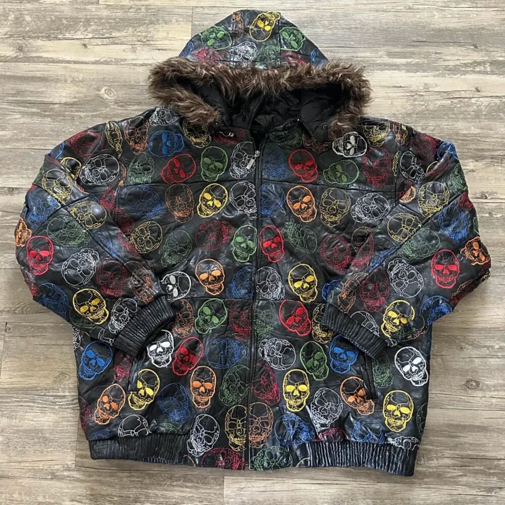 Vintage Y2K Skulls All Over Print AOP Leather Bomber Jacket W/ Fur Hood Size 6XL